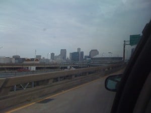 Approaching downtown in the cab.